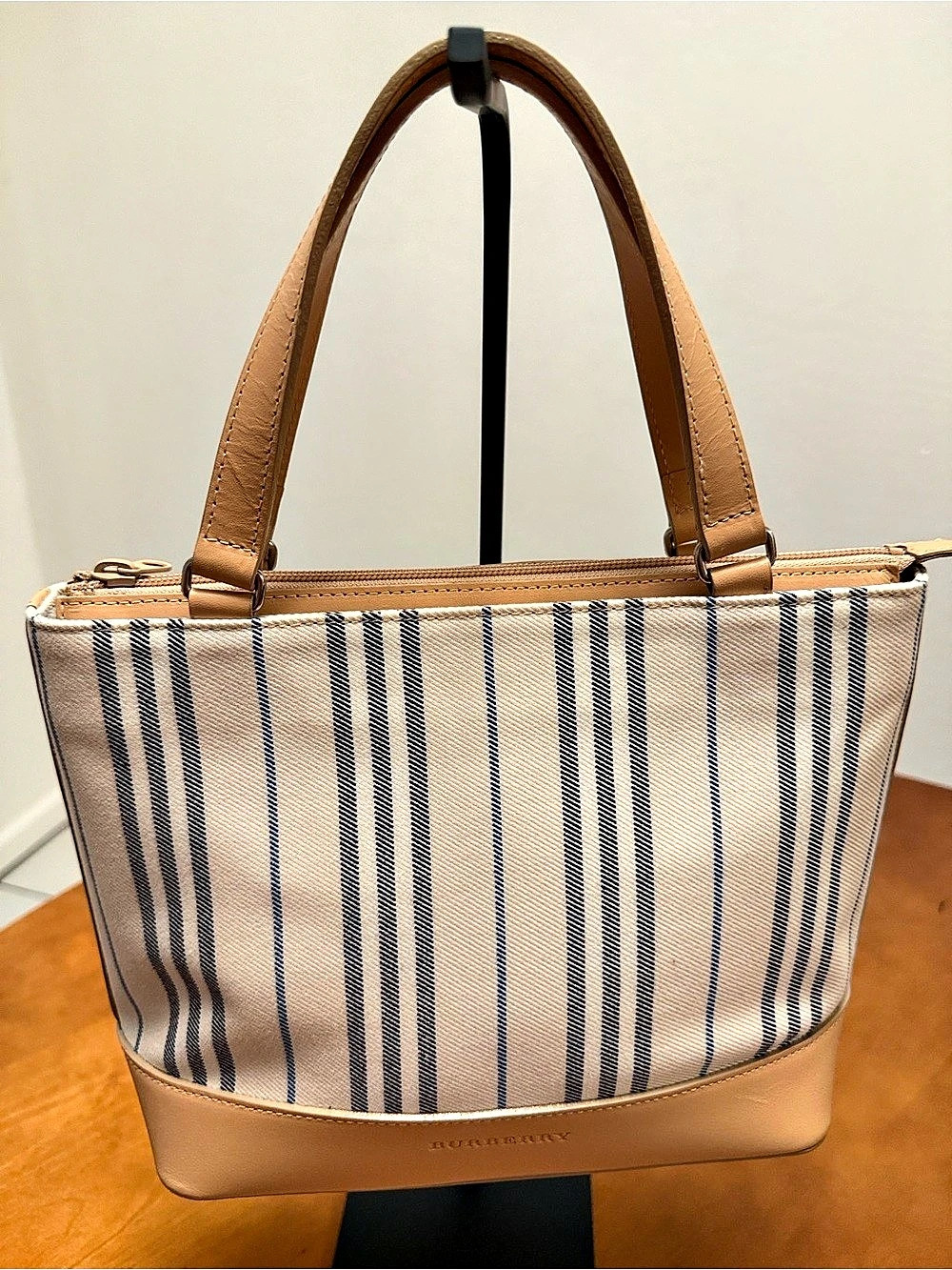 Burberry Striped Tote in Beige & Blue